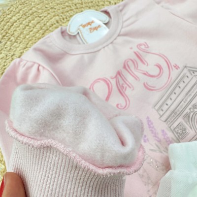 Conj. Blusão de Moletom Paris e Short Saia Tule com Mini-Losangolos - Rosa e Off White